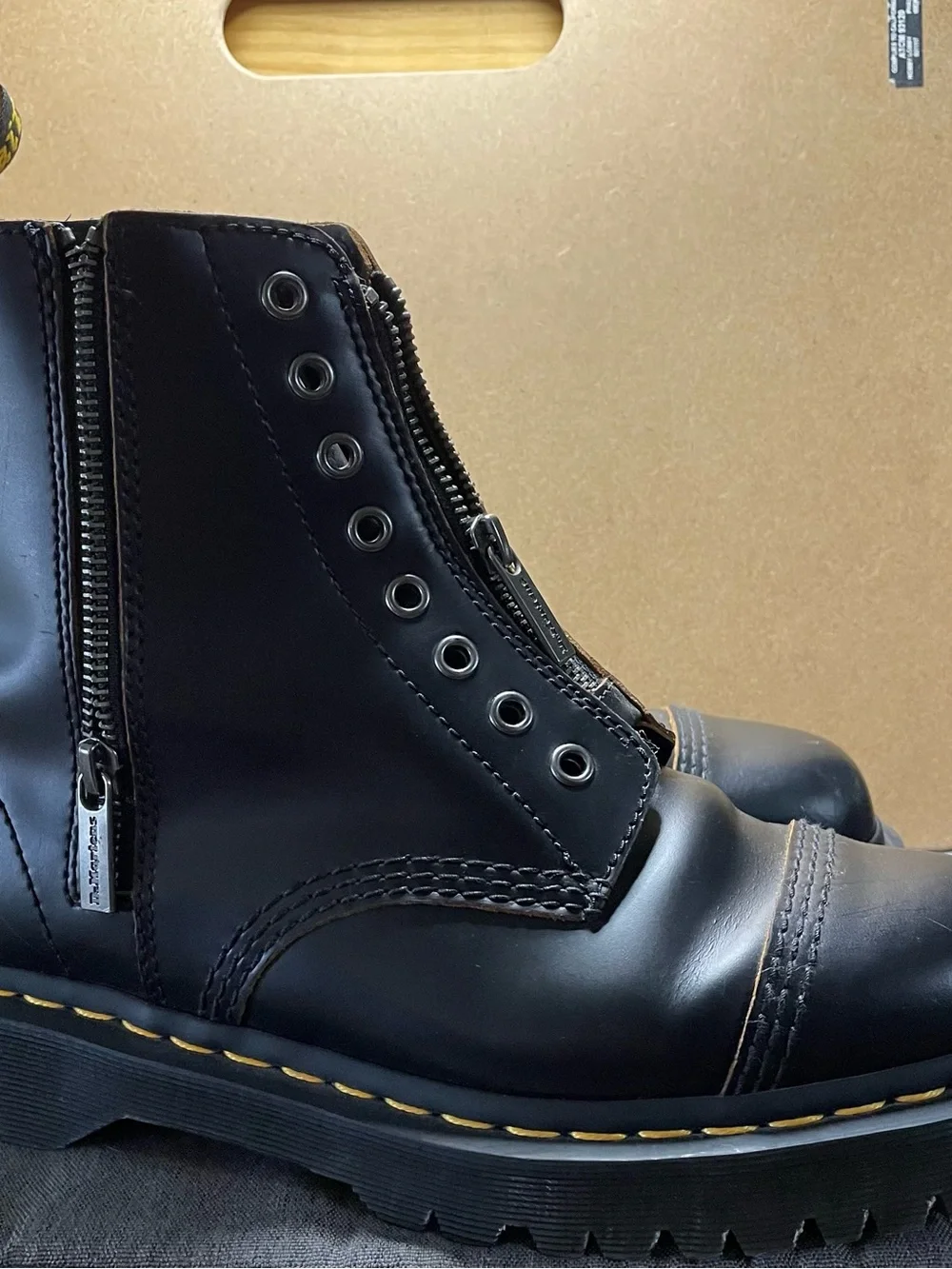 Dr. Martens Black Leather Zip-Up Combat Boots with Yellow Stitch